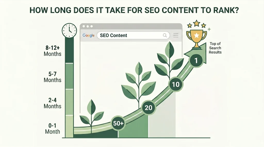 SEO content ranking timeline from 0 to 12 months.