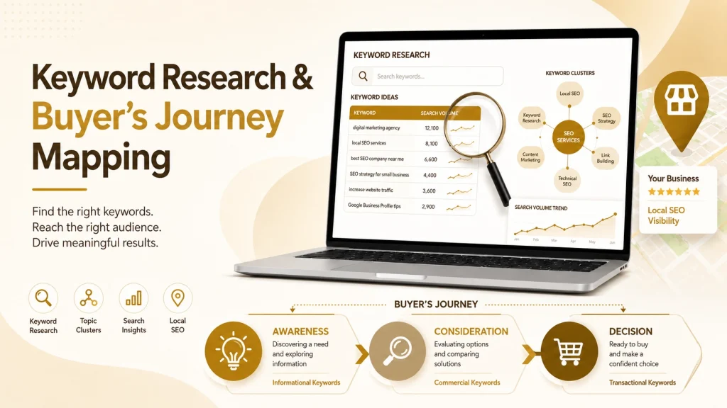 Featured image showing keyword research, local SEO insights, and buyer’s journey mapping from awareness to decision for SEO content strategy.