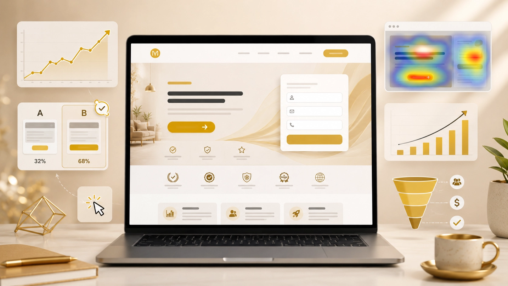Featured image showing a laptop with a landing page layout, conversion funnel, A/B testing cards, heatmap analysis, and growth charts for landing page optimization.